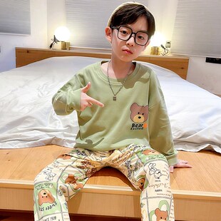 春秋季纯棉儿童男孩睡衣长袖两件套中大童男童家居服亲子套装父子