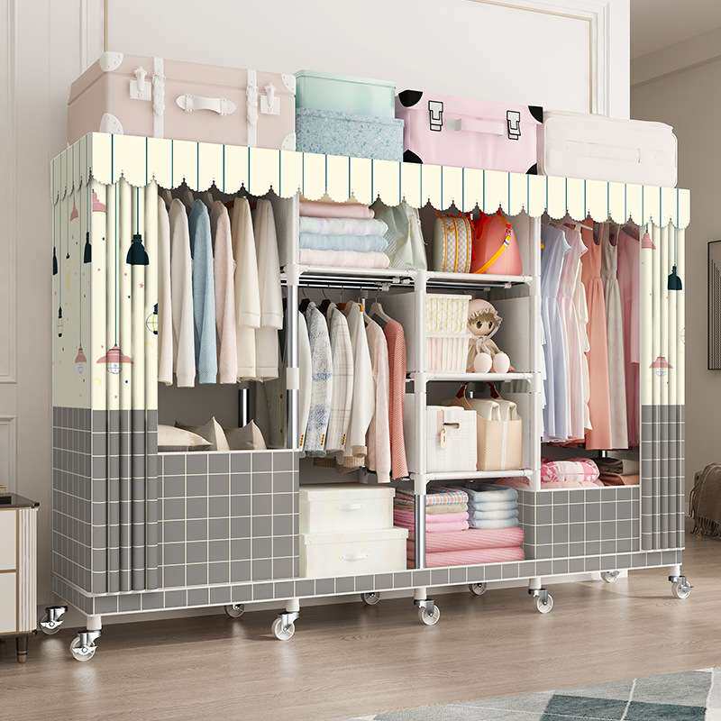 拉链全封闭简易布衣柜钢管加粗加固加厚全钢架收纳布柜家用带轮子