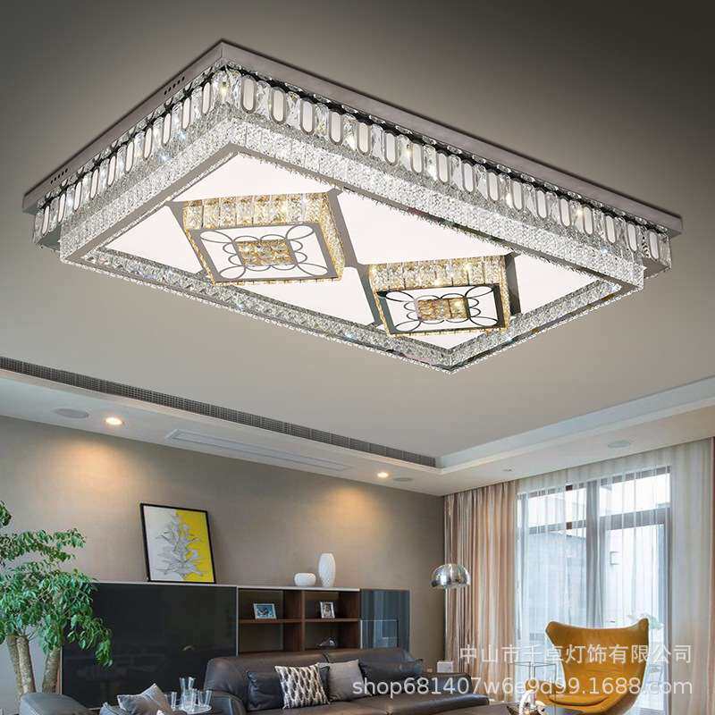 新款豪华轻奢 LED不锈钢客厅大气长方形吸顶灯卧室圆形水晶灯