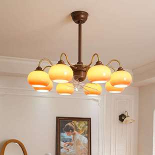 中古风客厅吊灯风扇灯美式 复古焦糖色卧室柿子灯吊灯电扇一体吊灯