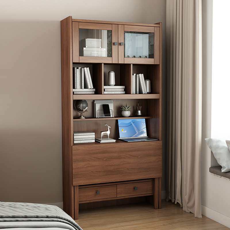 卧室书桌柜家用学生白色电脑桌书柜写字台折叠书桌书架一体胡桃色