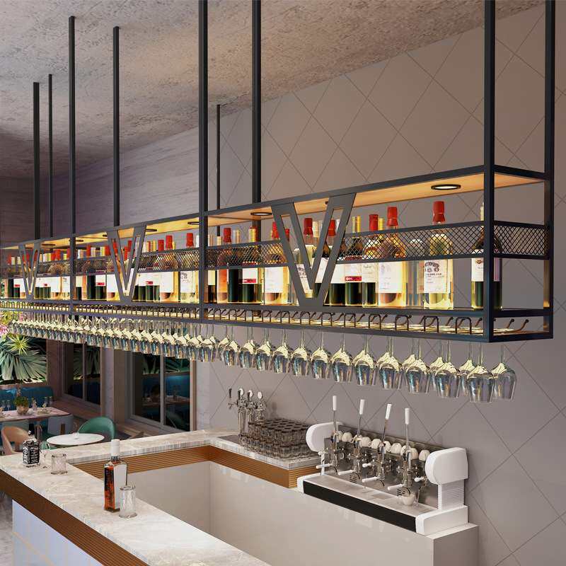 吧台顶上吊柜倒挂悬挂式红酒杯架置物架酒柜餐厅工业风铁艺吊杯架