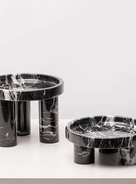 现代简约直筒天然大理石花瓶花器摆件客厅收纳三脚高脚石托盘摆件