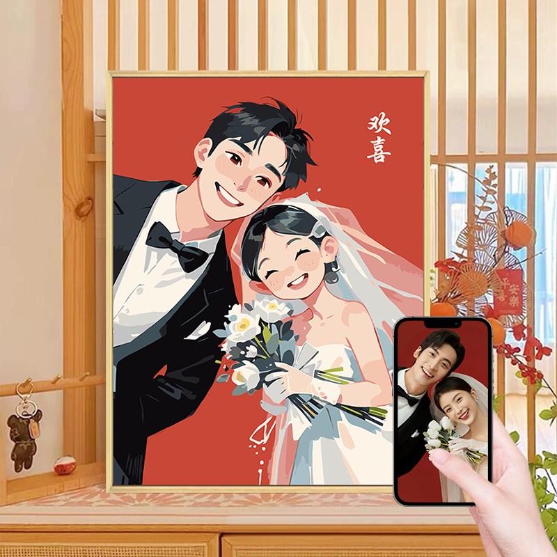 照片定制a卡通数字油画diy填色手工情侣亲子生日礼物丙烯画装饰画图片