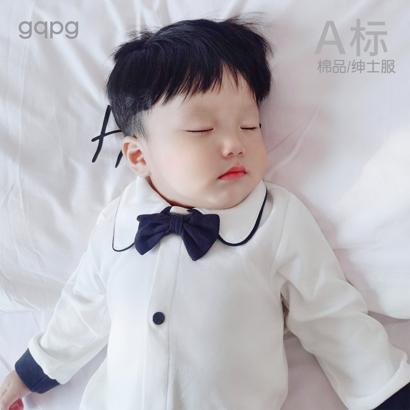 婴儿满月服百g天衣服日宴男宝宝一岁绅士礼服纯棉周岁连体衣春秋