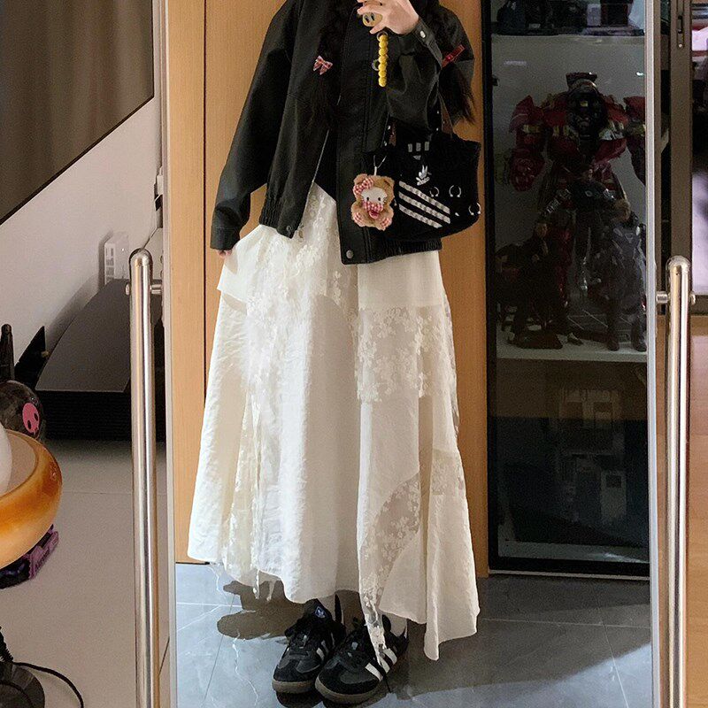白色半身裙重工不规则蕾丝花边蛋糕裙春季女M大码设计感a字超长裙