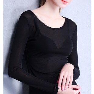 黑色全透明网纱打底衫女长袖薄款超弹力 性感透视R上衣 前后u领t