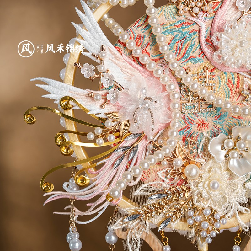 团扇新娘结婚婚礼秀禾服红白双色双面成品喜扇dQiy材料包高级扇子