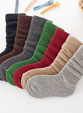 儿童袜子纯e棉春秋女童纯色泡泡袜宝宝春秋款男童黑中筒袜红色潮