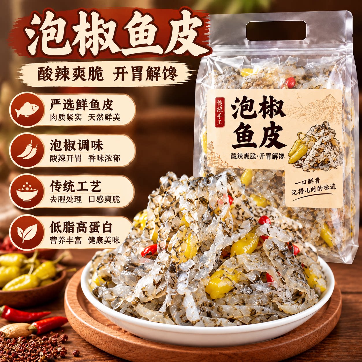 泡椒鱼皮开袋即食酸辣开胃爽脆凉拌菜泡椒味鱼皮零食下饭下酒小菜