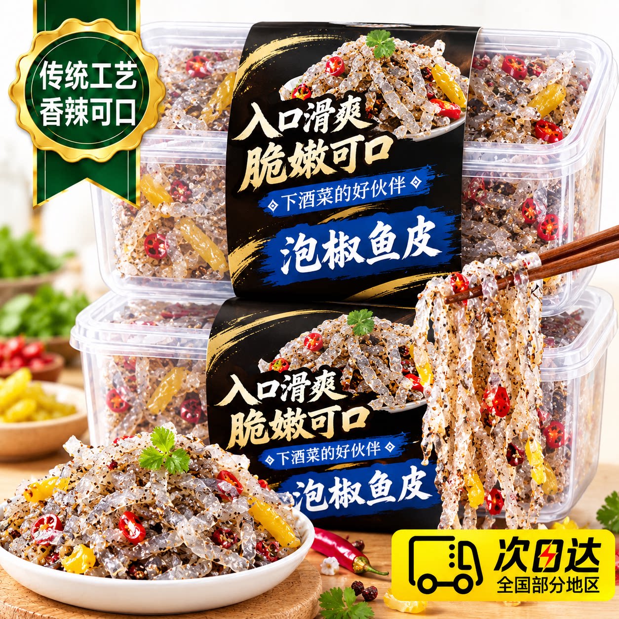 泡椒鱼皮开袋即食酸辣开胃爽脆凉拌菜泡椒味鱼皮零食下饭下酒小菜