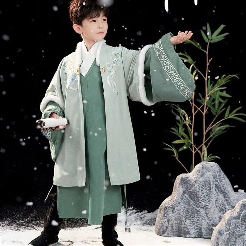 新款儿童汉服童装小言麟国风明制直裰披风男童宝宝绒秋冬款拜年服