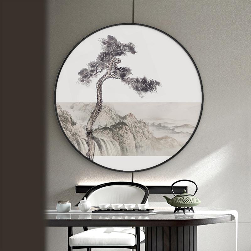 迎客松圆新中式玄关装饰画茶室山水安画挂画中国风OPQ水墨竹报平