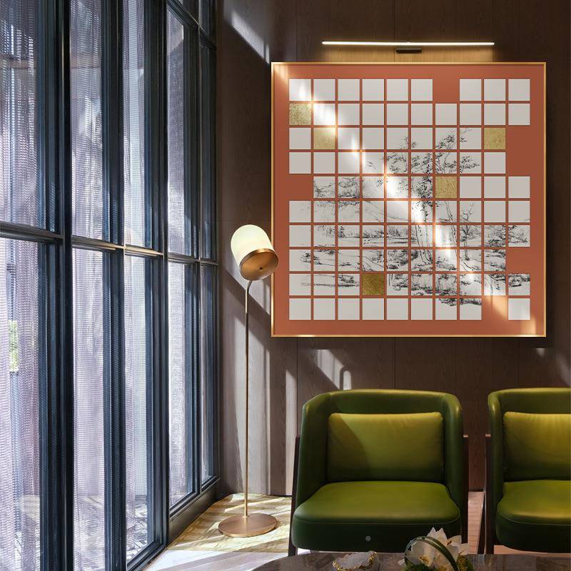 新中壁式山水装饰画方格内风庆BFG玄关挂画红色喜软装样板间景客