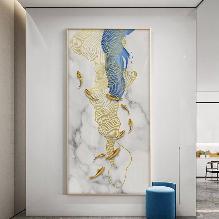 轻奢玄关装饰画九鱼图走廊新中式挂画酒店软装墙面寓意竖版墙画图片
