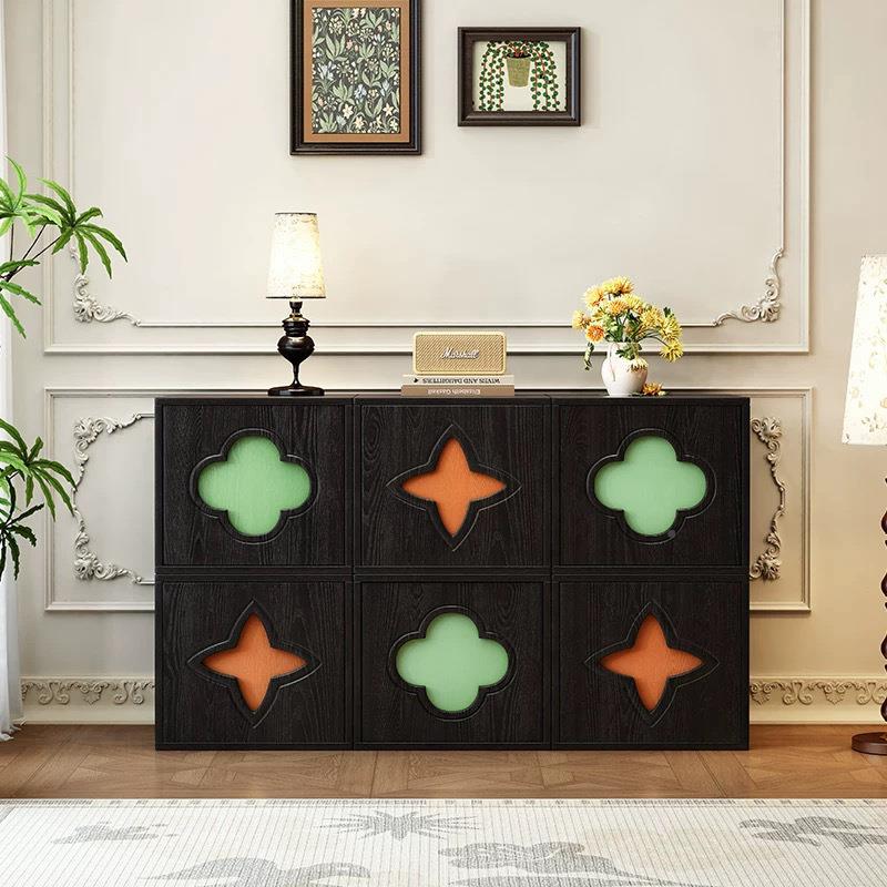 实木复古厅斗柜储物客餐边柜多能电视红花绿叶卧室床头中古风色黑