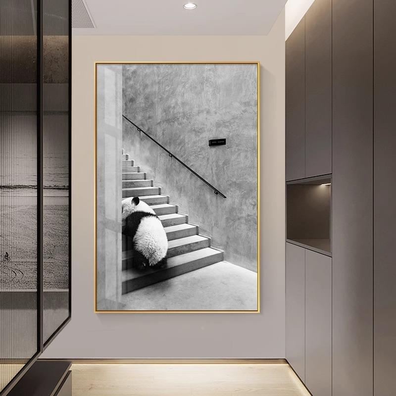 黑白熊猫玄装饰画关工业风样板软装挂间画动物图壁案JHL走廊过道图片