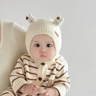 婴儿帽子秋冬可爱护耳帽宝宝冬季加厚保暖毛绒帽小月龄针织毛线帽