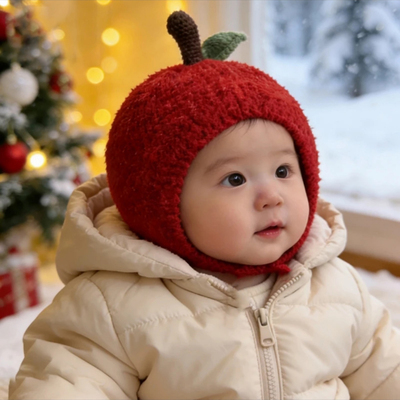 【成品】婴儿帽子秋冬季宝宝红色周岁护耳帽婴幼儿新年苹果毛线帽