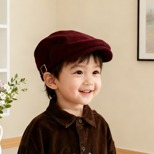 儿童帽子秋冬款韩版时尚灯芯绒贝雷帽冬天小孩男童保暖鸭舌帽复古