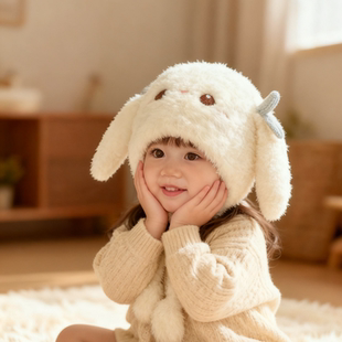 儿童帽子秋冬季兔耳朵毛绒帽女童护耳厚款保暖男孩宝宝保暖套头帽