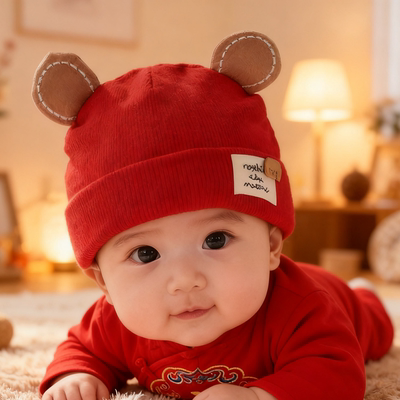 婴儿帽子0到3个月小月龄宝宝胎帽秋冬季新生儿满月红色护囟门洋气
