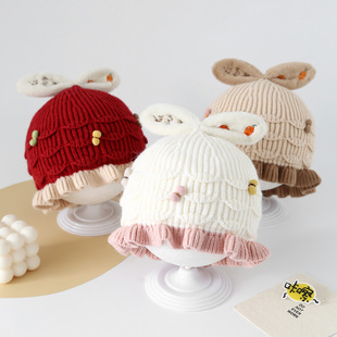 婴儿帽子秋冬季可爱公主毛线帽女宝宝冬天保暖护耳针织花边宫廷帽