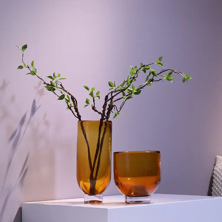 碧轩欧式现代简约厚重焦糖色玻璃花器花瓶摆件样板房售楼处装饰品