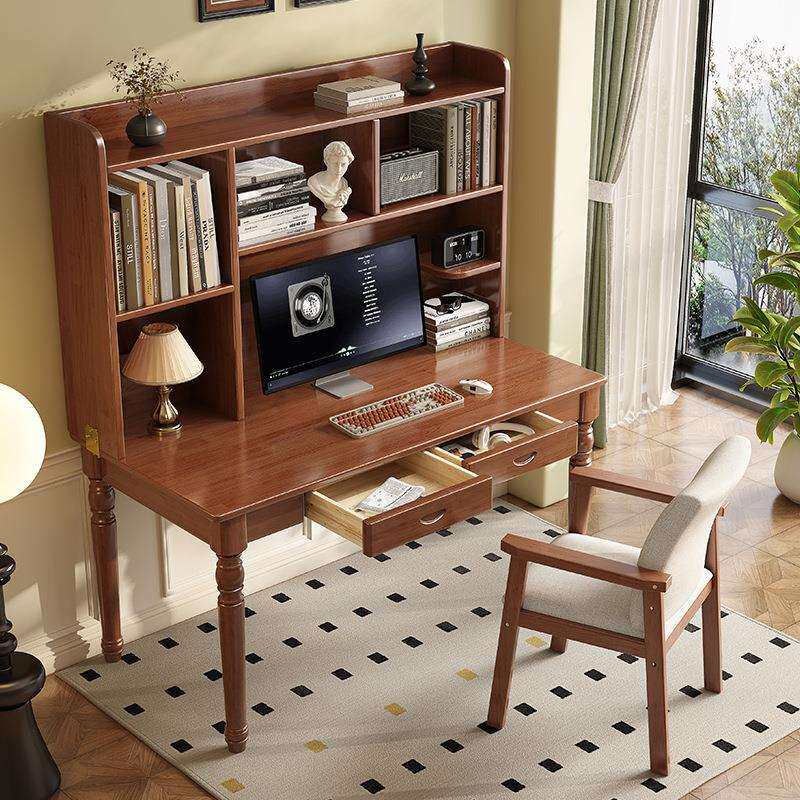 书房美式电脑桌卧室实木写字台书桌书架一体桌家用简约学生学习桌