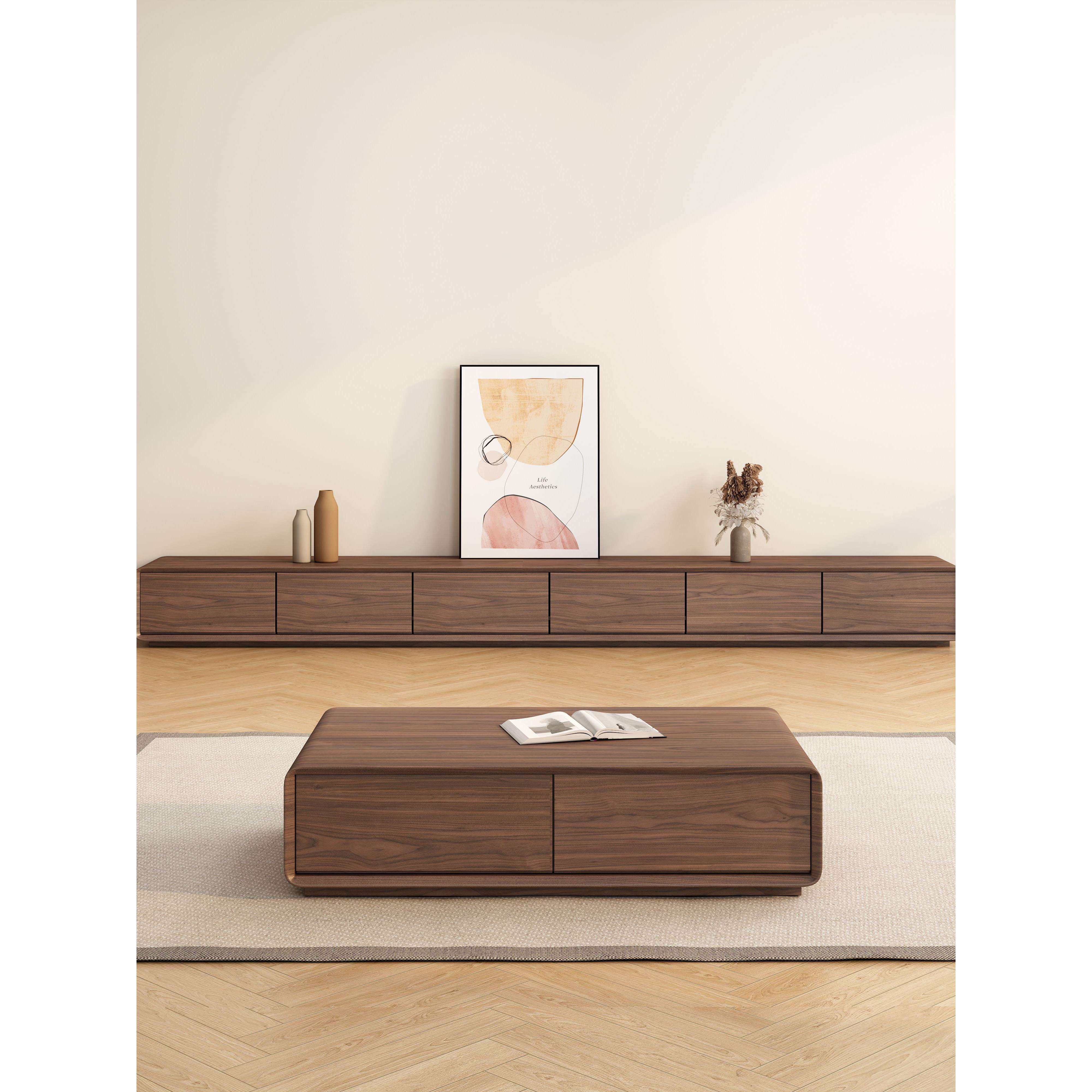 现代简约实木电视柜茶几组合黑胡桃木落地大小户型悬空壁挂电视柜