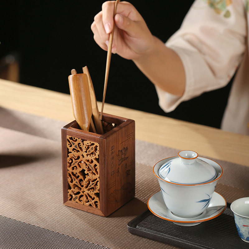 手工核桃拼接实木笔筒防开裂多功能茶桶茶具茶道筒六君子茶道配件