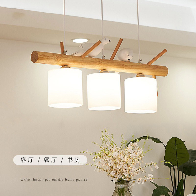 北欧现代简约实木餐厅吊灯创意个性led小鸟吊灯日式原木灯饰吊灯