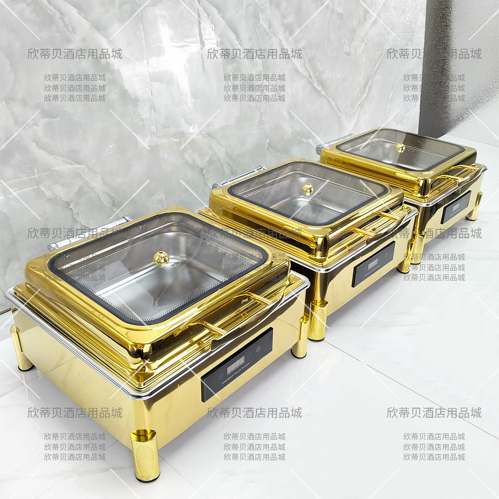 加厚不锈钢自助餐炉液压可视翻盖布菲炉电加热酒店金色保温锅餐具