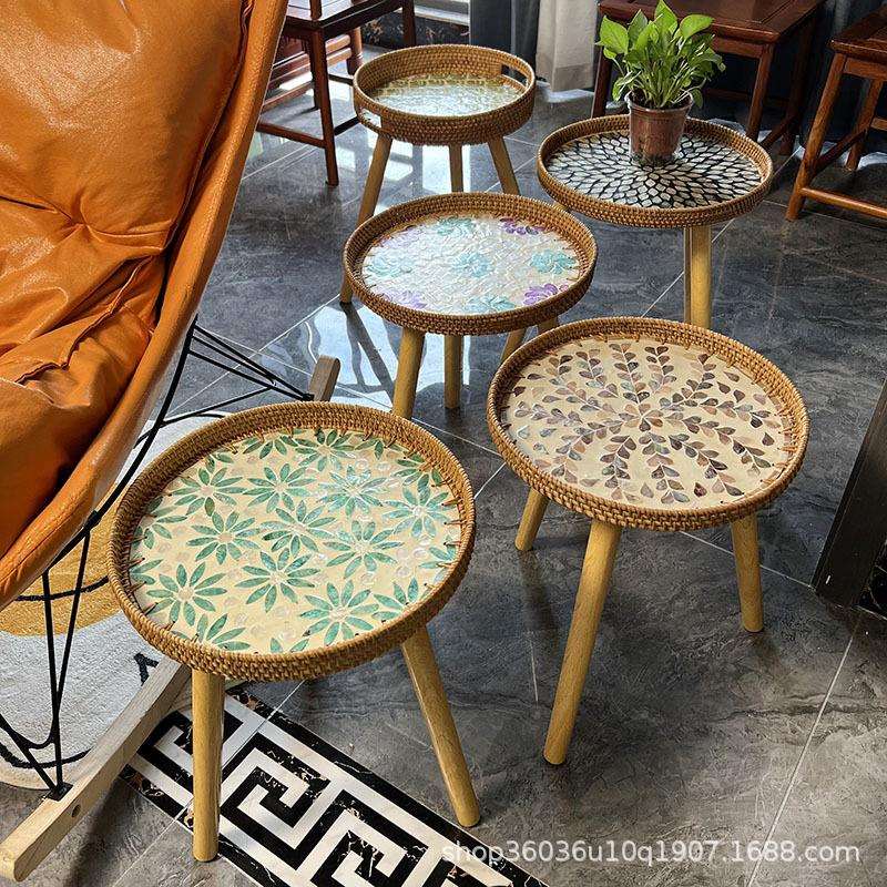 北欧风手工藤编贝壳飘窗茶几沙发小边几日式榻榻米小圆桌子野餐桌