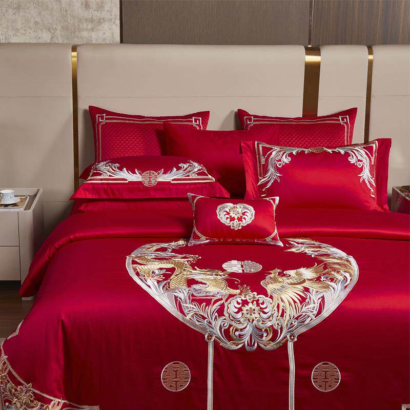 九喜狐婚庆家纺结婚床上用品婚房布置大红色长绒棉四件套结婚喜被