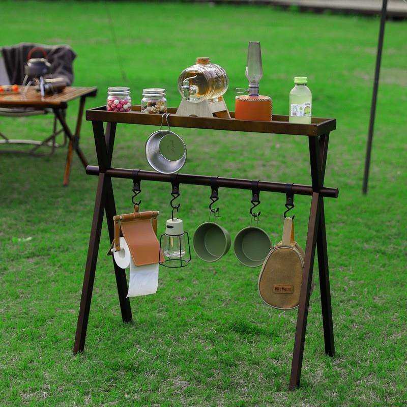 户外露营桌面木质折叠置物架便携式多层野营实木野营烧烤三角挂架