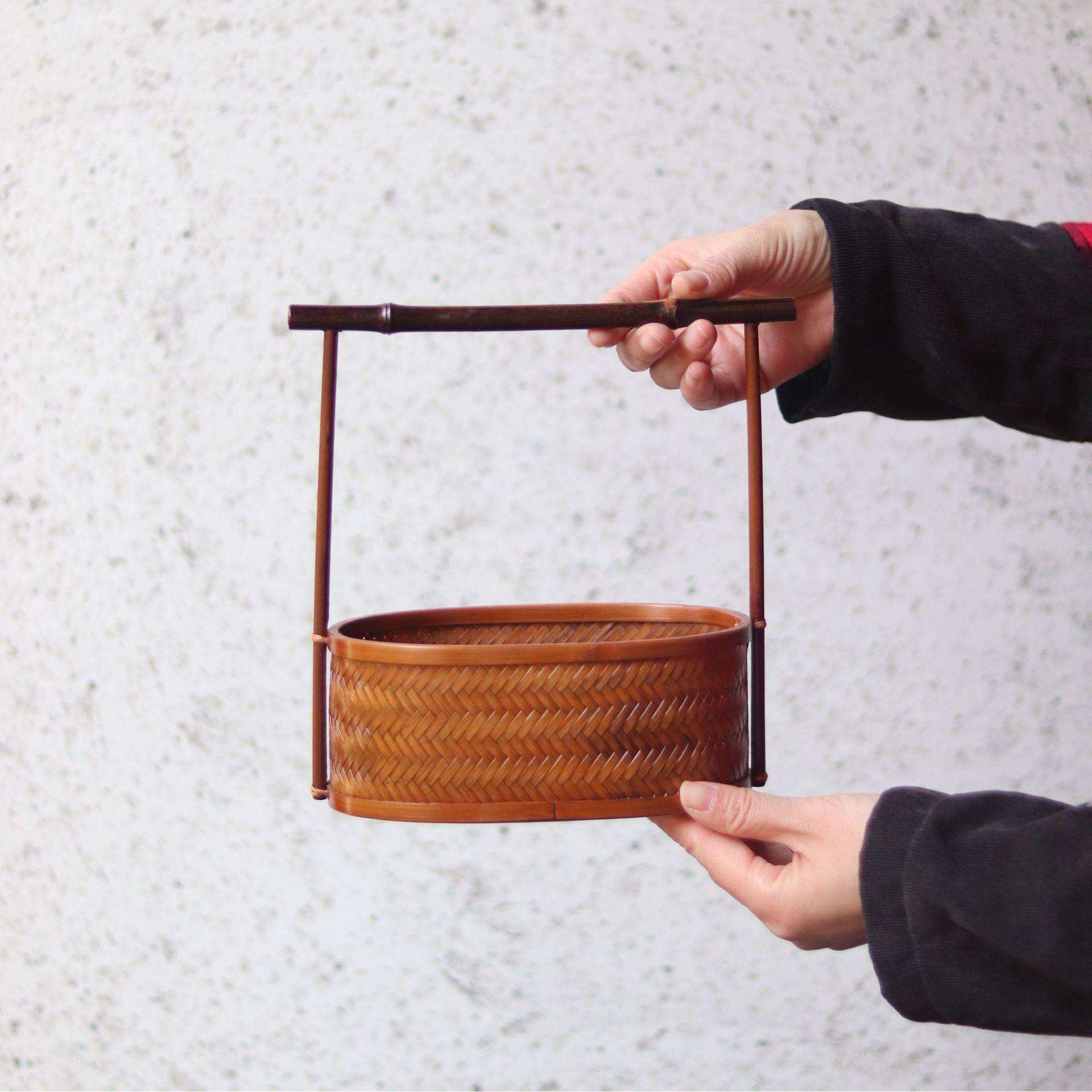 手工竹编大漆提篮中式复古茶具收纳筐家用圆形水果篮点心篮整理筐