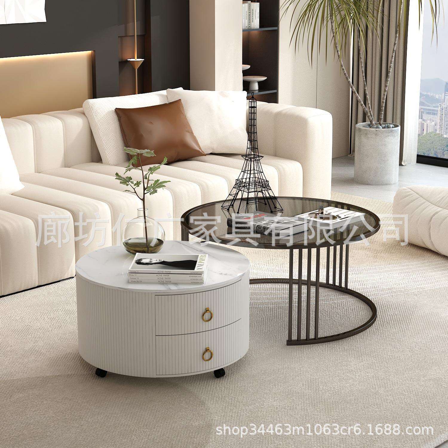 岩板茶几客厅家用高级感圆形钢化玻璃轻奢茶几储物套装简约小户型