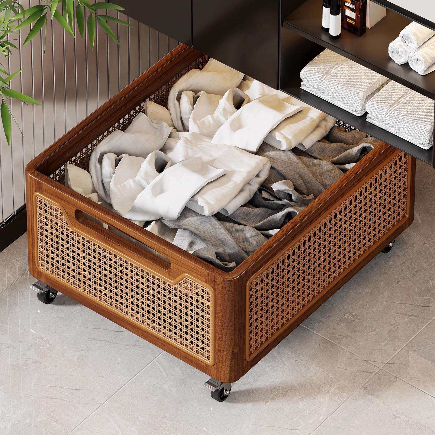 实木脏衣篮可移动洗漱台收纳筐带轮小推车浴室柜下置物架洗衣篮子