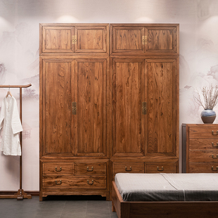 新中式衣柜实木中式禅意家用卧室衣橱榆木大衣柜子樟木顶箱柜组合