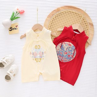 新生婴儿精梳棉中国风连体衣夏季无袖男女宝宝外出服白天周岁