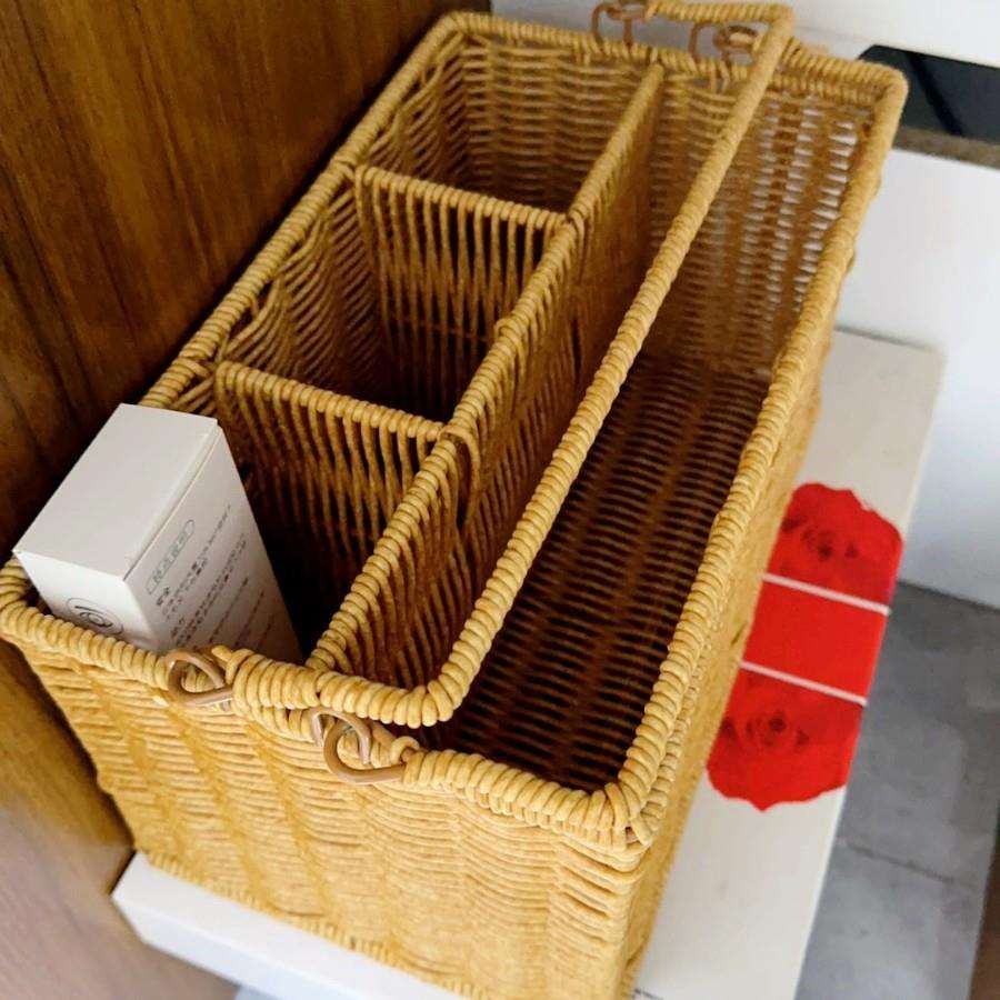 塑料仿藤编手提工具篮户外野餐餐具篮子分格手提水果篮家用收纳篮