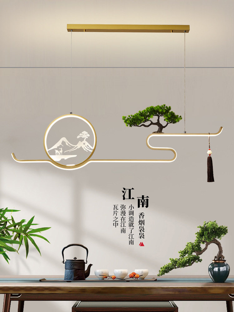 新中式客厅餐厅灯2022新款长条茶桌书房吧台灯中国风山水茶室吊灯