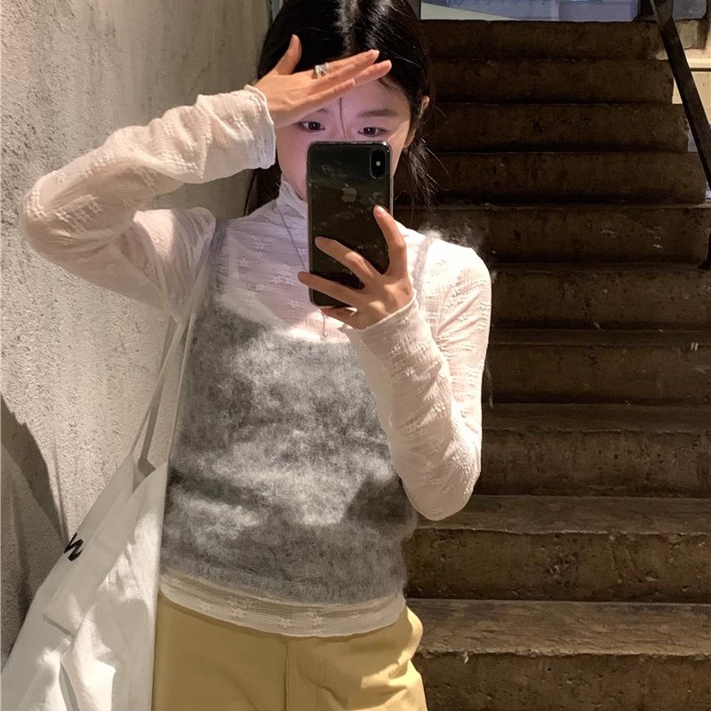 速发搭配率搭溶  秋冬水高性柔美纯色百好白色蕾丝打底衫