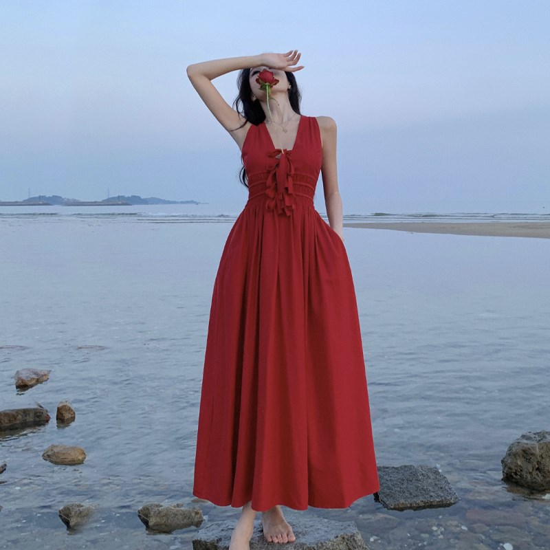 速发衣式复古绝美红色吊带连法裙海登度假长裙结婚边记敬酒服新娘