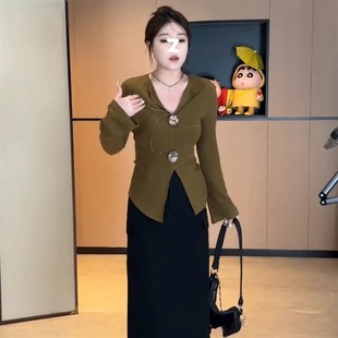 速发式码装法大设早感纽扣开叉长袖针织衫计秋褶皱上衣