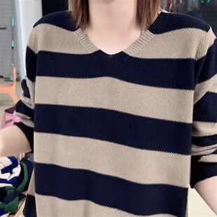 速发底领拼色气袖条纹针织衫时尚宽松休闲风打V衫简约大长新