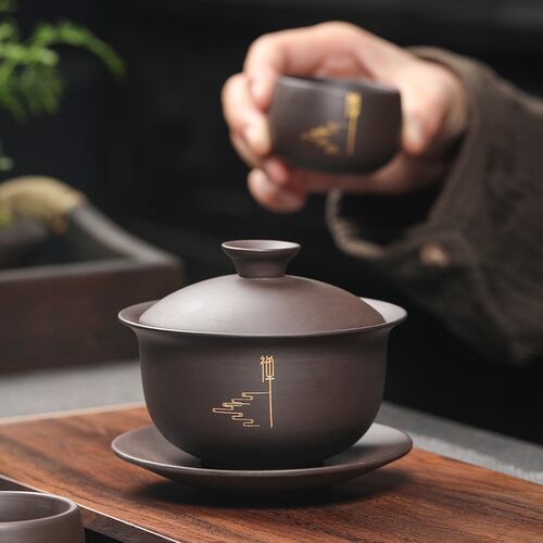 速发紫砂盖碗原矿老泥 家用紫砂沏茶碗喝茶碗三才盖碗泡茶器组