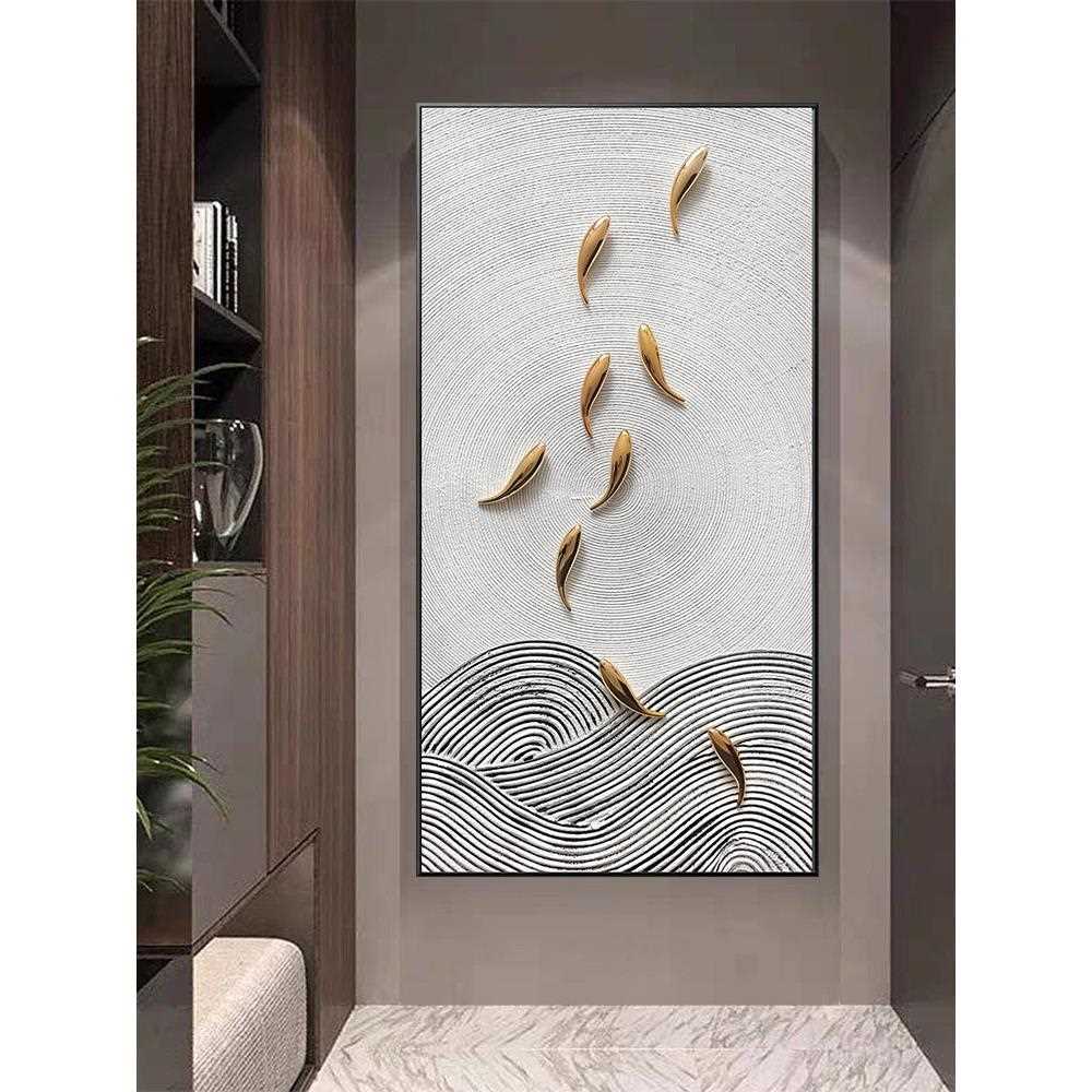 直销新款入户玄关新中式鱼图轻奢装饰画样板间立体手绘挂画实物竖图片