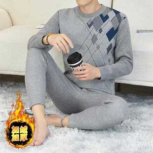 直销新款中青年男士冬季保暖内衣套装爸爸加厚加绒圆领提花棉毛衫